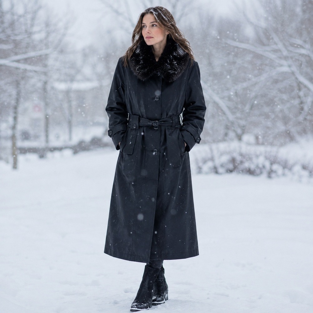 Dana Buchman Trench Coat Womens Medium Black Belted Genuine Fur Collar Trim
